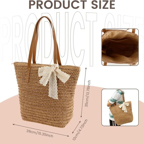 Straw Beach Bag Women Summer Tote Large Capacity Travel Handbag - Picture 2 of 7